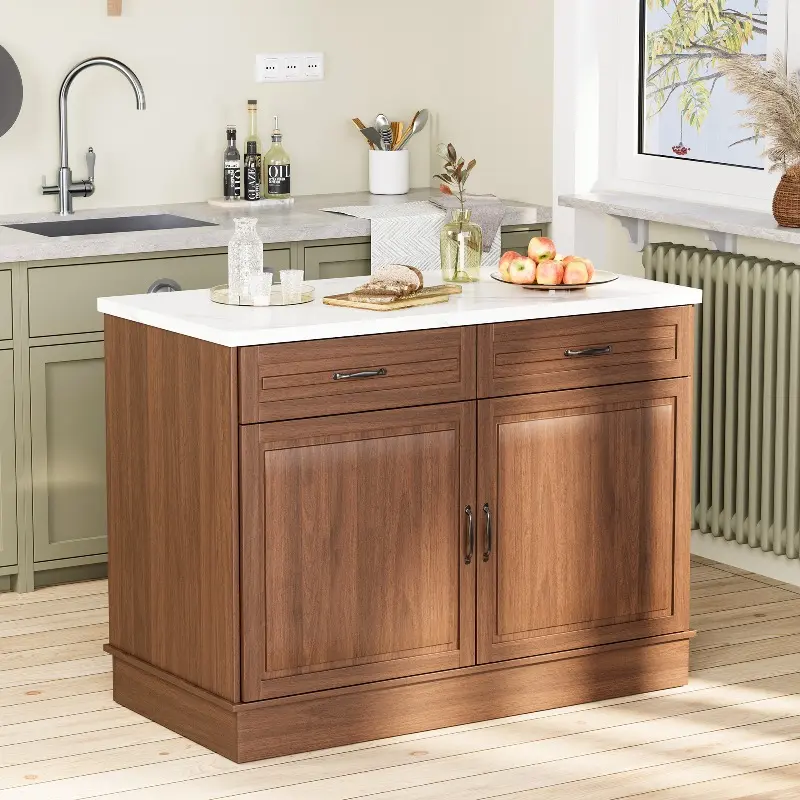 48" Kitchen Island Table with Marble Countertop, Walnut Wood Grain, 2 Drawers & 2 Cabinets, Coffee Walnut