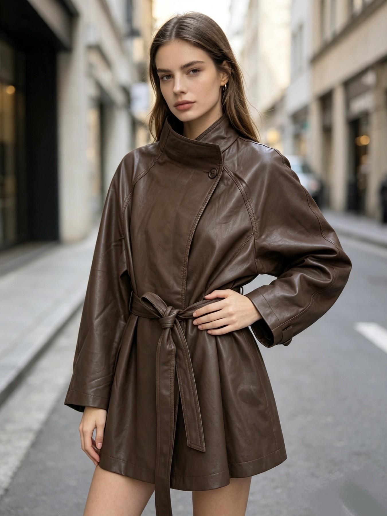 Mead Vintage Windbreaker Women's Autumn New Stand Collar Wrap Tie Waist Mid-Length Coat Loose Fit Foldable Sleeve Small Size Chic Motorcycle Leather Jacket