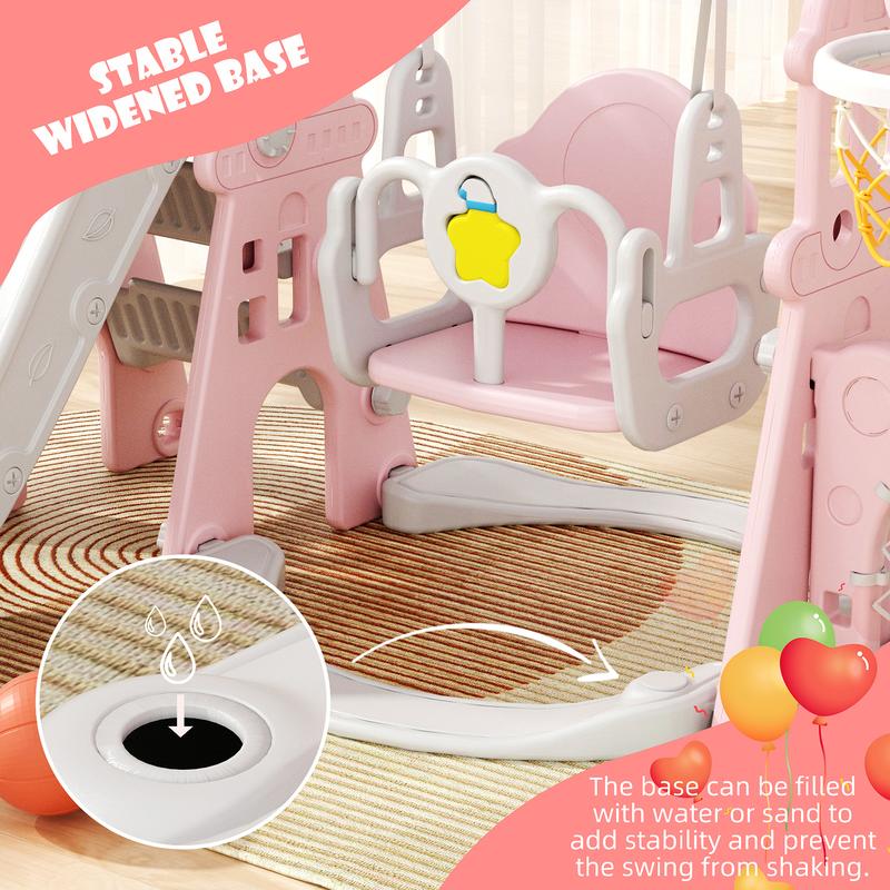 KORIMEFA 4-in-1 Kids Slide and Swing Set with Basketball Hoop Climbing Ladder Multifunctional Play Center for Active Fun Durable HDPE Material Safe and Stable Design for Kids Age 1+ Years Playground Equipment