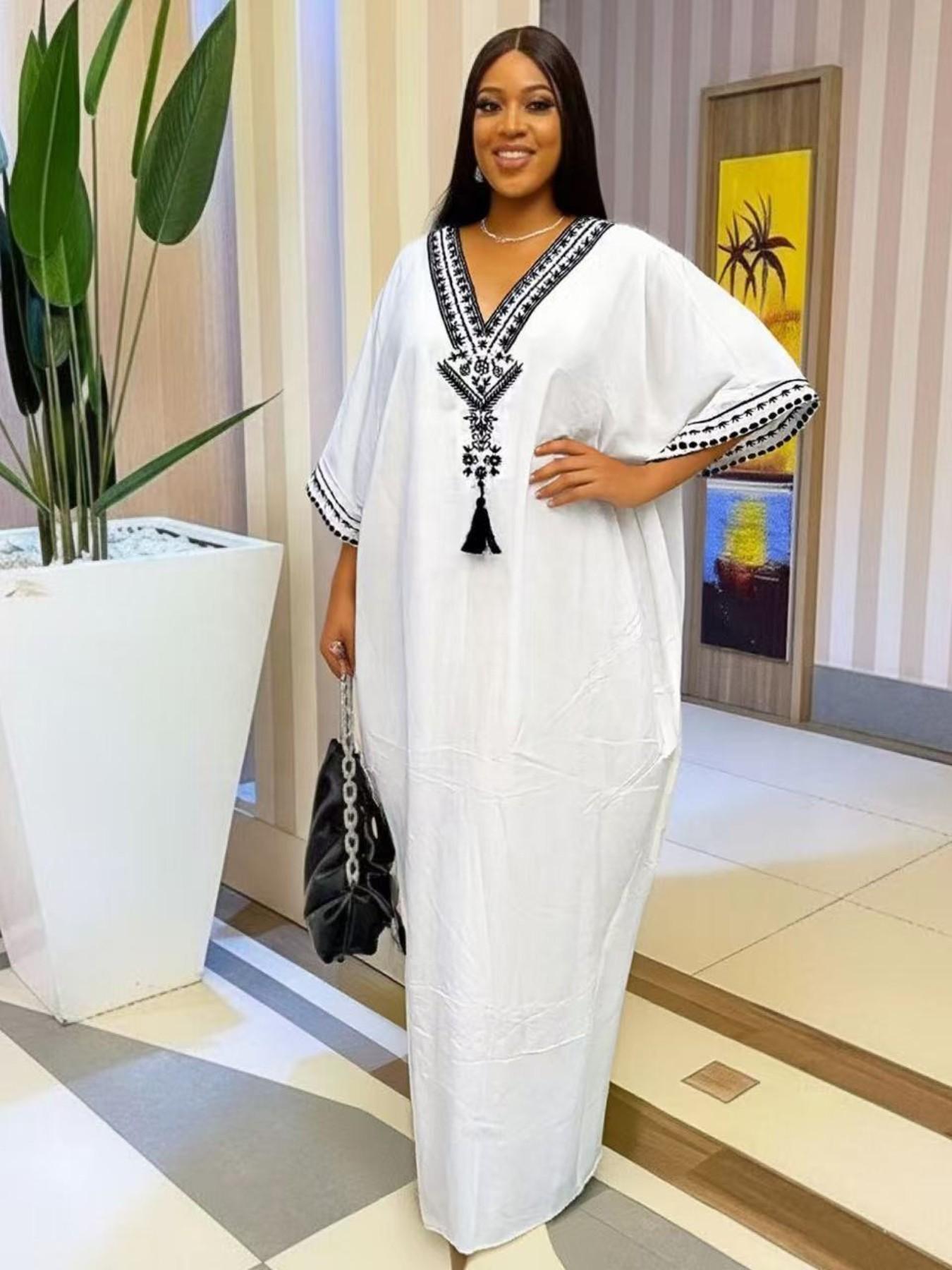Women's Summer Solid Color Embroidered Fringe Caftan Casual Wear Dress with Pockets and Side Slit