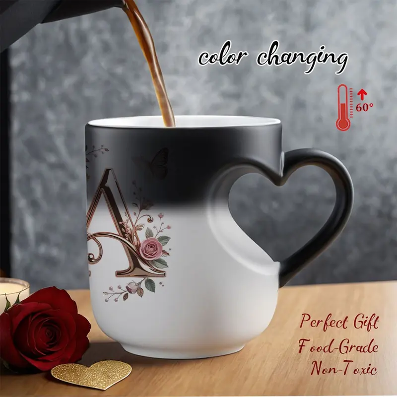 Elegant Rose Gold Floral Initial Color Changing Ceramic Printed Drinkware Coffee Mug, Heat Sensitive Magic Coffee Cup, Unique Personalized Gift for Friends & Family, Ceramic Cups, Ceramic Mugs