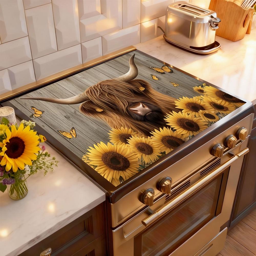 Soft Electronic Stove Panel Protector Pad, Cow Wood Grain Sunflower Design, Scratch Resistant, Easy to Clean, Multi-Purpose Kitchen Cover, Stove Plate