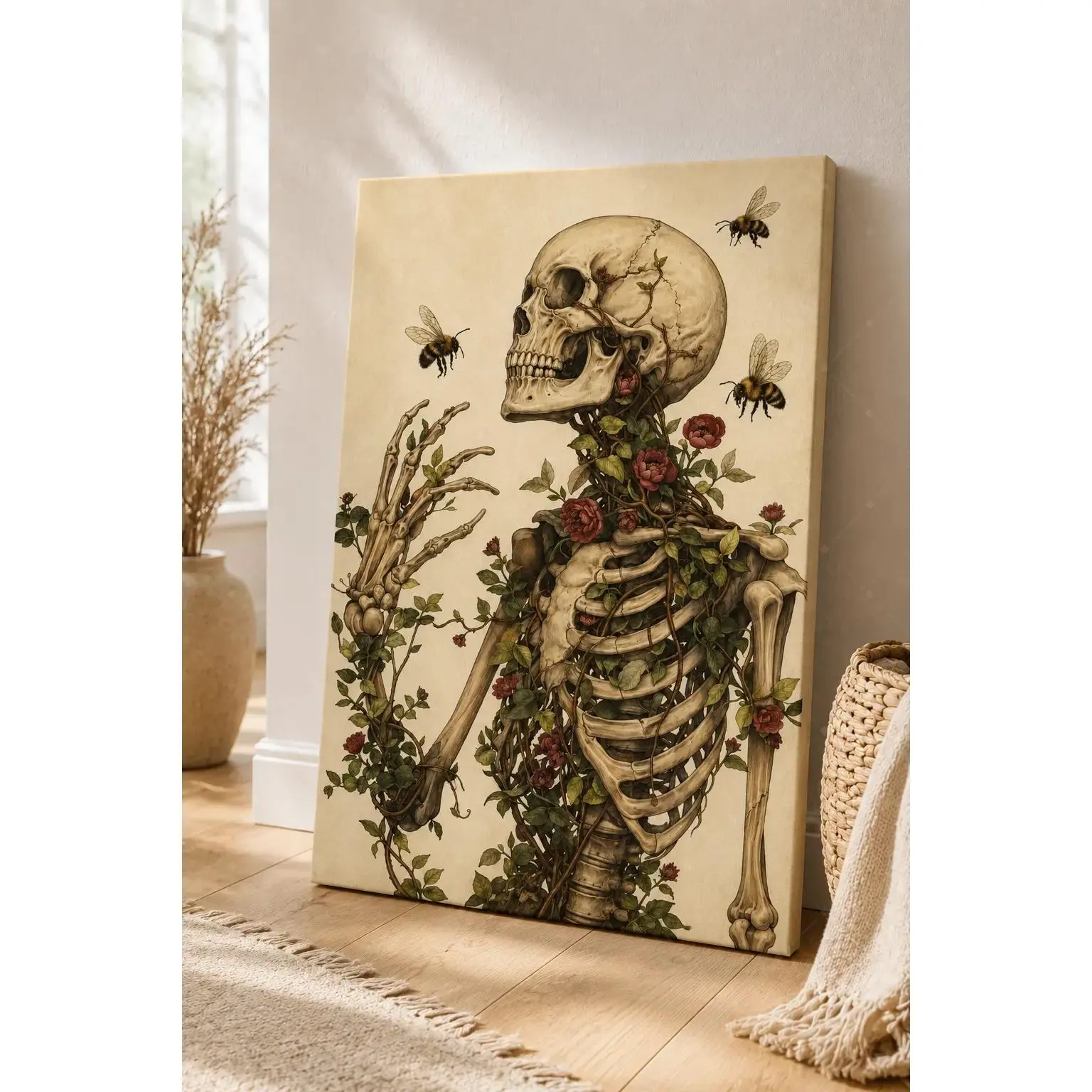 Vintage Botanical Skeleton Poster, Floral Anatomy with Bees and Climbing Vines Wall Decor, Antique-Inspired Nature and Bone Illustration for Living Room, Bedroom, Study, Office, Reading Nook, Cottage Home, Eclectic Interior and Unique Gift