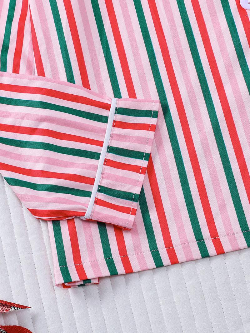 2-piece set full of pink, white, green, and red striped printed long sleeved pants, soft, comfortable, skin friendly, smooth top, small pocket, button closure, elastic waistband, suitable for all seasons home, casual wear, pajamas, Loungewear