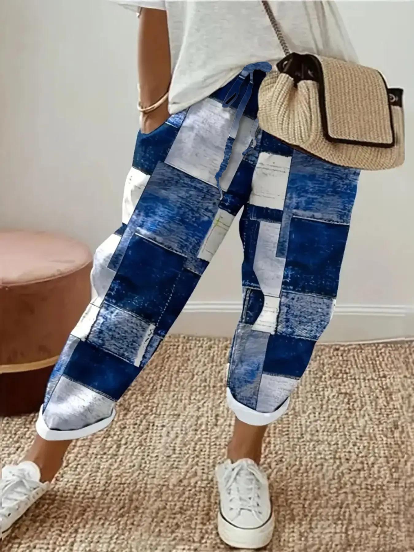 【Plus Size】 Colorblock Patchwork Print Drawstring Waist Pants, Casual Fashion Comfy Pocket Trousers for Daily Wear, Women's Bottoms for Summer