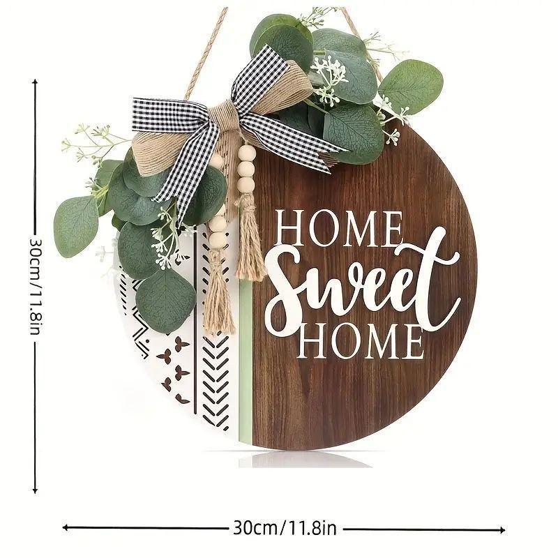 Home Sweet Home 2D Farmhouse Welcome Sign, Round Wooden Hanging Door Decor with Bow and Artificial, Rustic Porch Wreath for Holidays