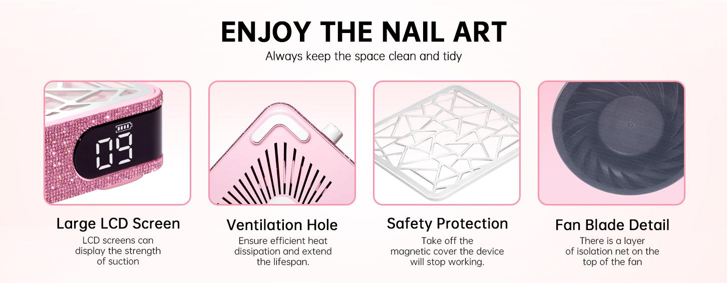 Nail Dust Collector, Corded Dust Collector Nail Tech,Powerful Vacuum Fan Vent Dust Collector Extractor Dust Suction Machine for Acrylic Nails Polishing, Nail Salon, Manicure Clean Workspace Inhalation Pisks,Pink Diamond/White Diamond