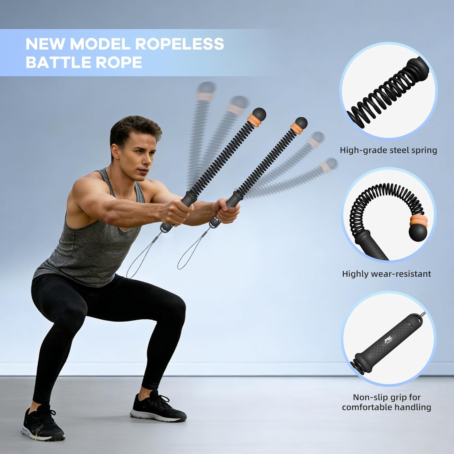 Cordless  Ropes with Adjustable Resistance Springs - Weighted Ropeless  Rope for  Gym Exercise, Portable Workout Equipment for Strength  & Cardio Fitness Orange& Black