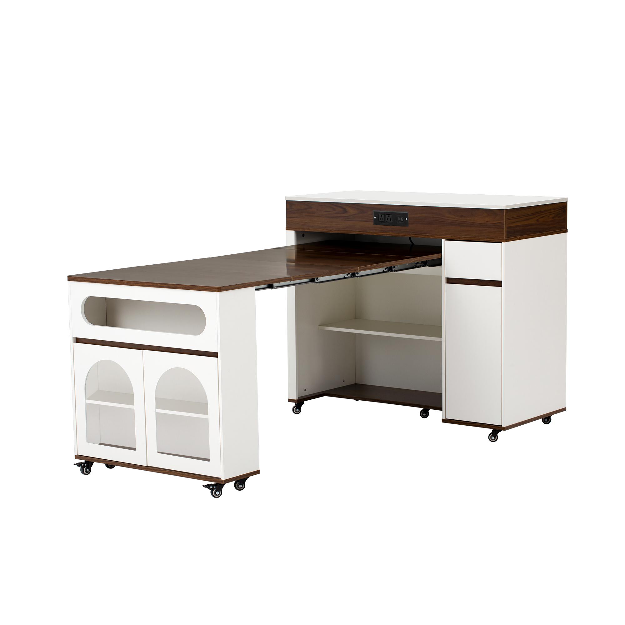 TREXM Extendable Dining Table with Extra-Long Folding Top Rolling Kitchen Island with Drawers Power Outlet Brake Lock Storage Cabinet for Kitchen Dining Room Walnut Creamy White Combo Item TREXM Extendable Dining Table with Extra-Long Folding Top Rolling Kitchen Island with Drawers Power Outlet Brake Lock Storage Cabinet for Kitchen Dining Room Walnut Creamy White Combo Item