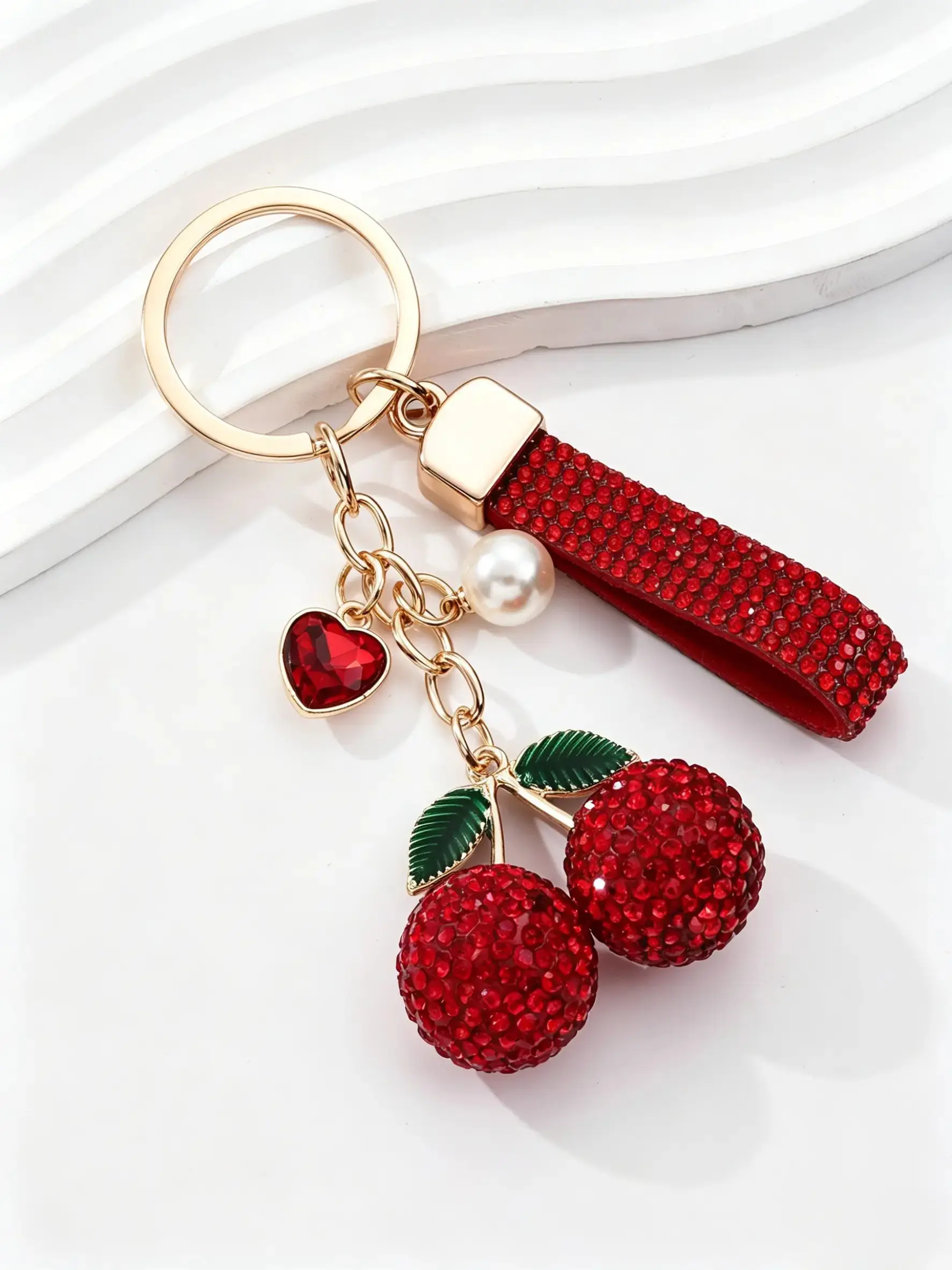Y2K Aesthetic Cherry Rhinestone Bag Charm,Glitter Diamond‑Covered Fruit Keychain With Pearl Heart Dangle,Bling Wrist Lanyard Key Holder,Gold Metal Hardware Hanging Decoration,Stylish Ornament Gift For Girls Ladies Handbag & Car Keys.Bag Decorations.