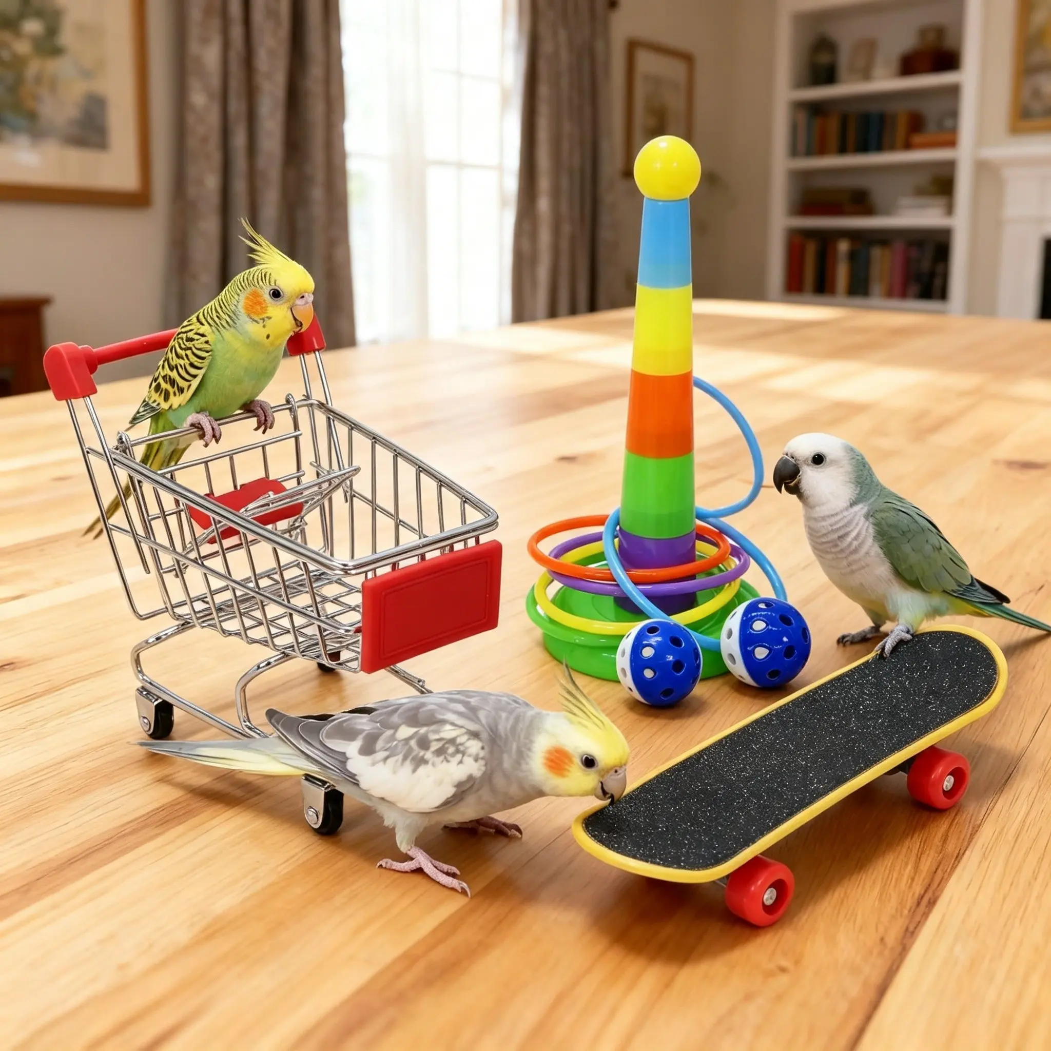 Parrot Interactive Puzzle Training Toy｜Mini Shopping Cart + Skateboard + Bell + Ring Combo Toy｜Suitable for Budgies, Cockatiels, Caiques, Quaker Parrots and Conures (5-Piece Set)