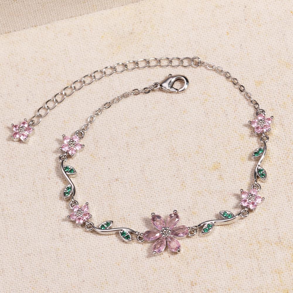Luxury Pink Zircon Flower Bracelet For Women Girls Sweet Gold Color Crystal Adjustable Bracelet Jewelry Gift