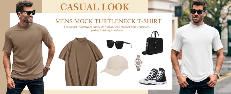 Runcati Men Turtleneck Mock Neck T Shirts Short Sleeve Ribbed High Neck T-Shirt Tee