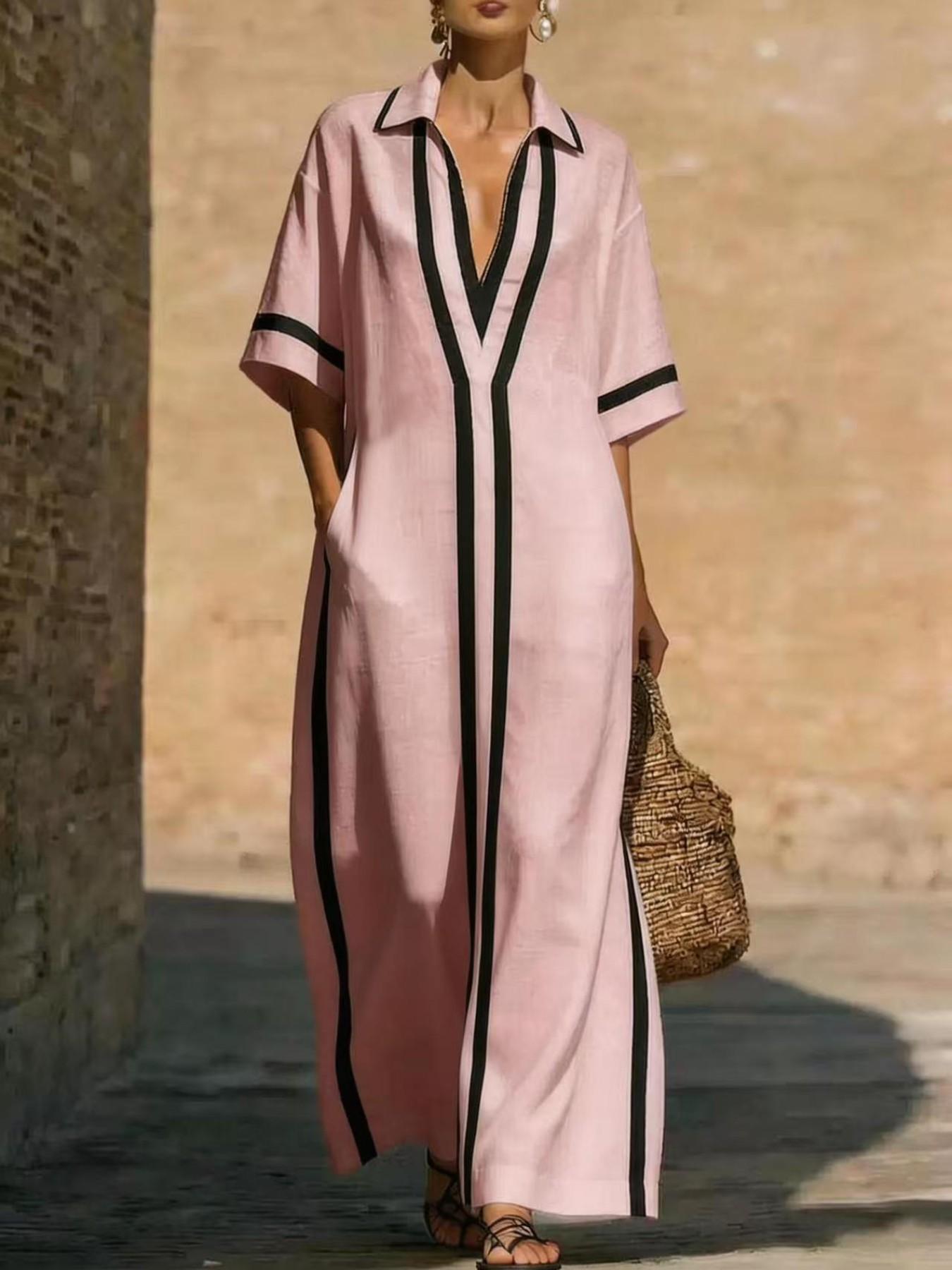 Women's New Kaftan with Pockets, Loose-Fit Striped Print Long Dress, Half Sleeve & Deep V Neck Design, Casual Boho Chic Summer Dress, Bohemian Casual Fashion for Beach and Vacation, Boho Style Dress