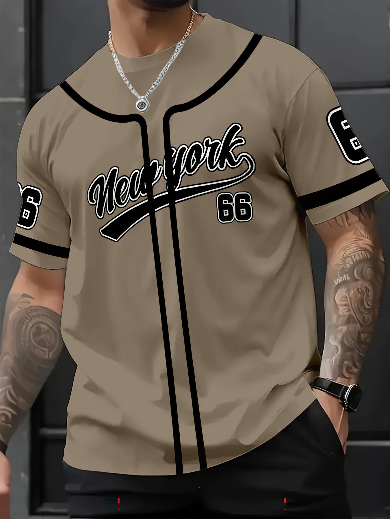 Men's New York Letter 66 Geometric Pattern Printed Fitted T-Shirt, Menswear, Round Neck Short Sleeve, Casual Fashion Summer Streetwear, Daily Wear