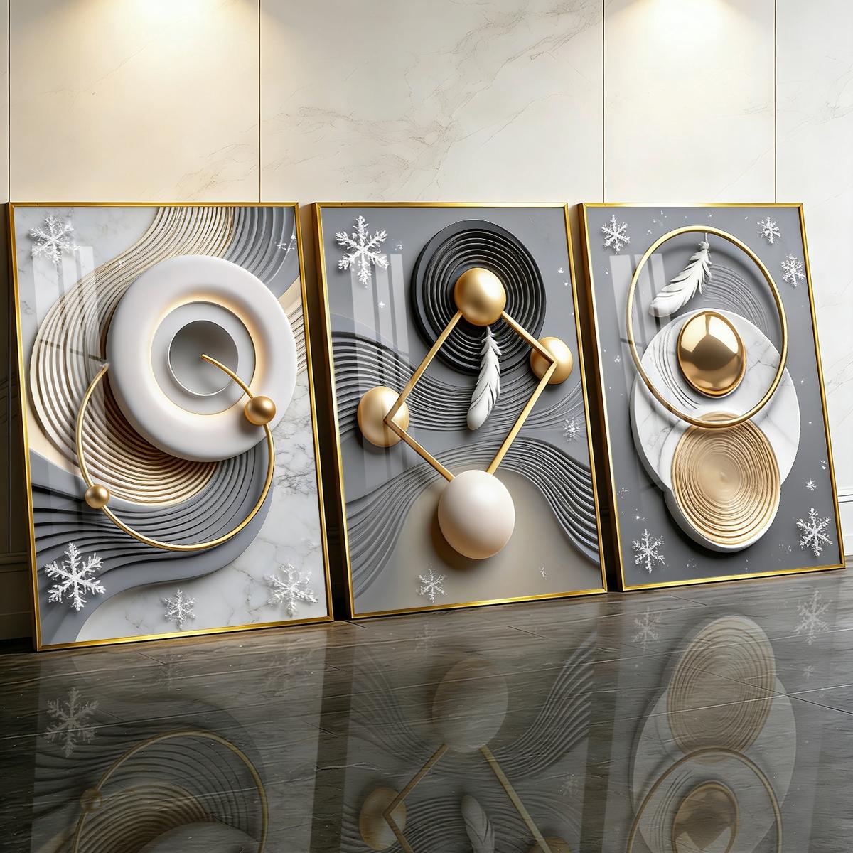 3 Counts Aluminum Alloy Framed Painting, Abstract Geometric Gold Feather Art Pictures, Home Decoration For Living Room, Bedroom, Office, Restaurant, Hallway Wall Decor, Odorless Print Artwork, Luxury Perfect Gift For Friends And Family