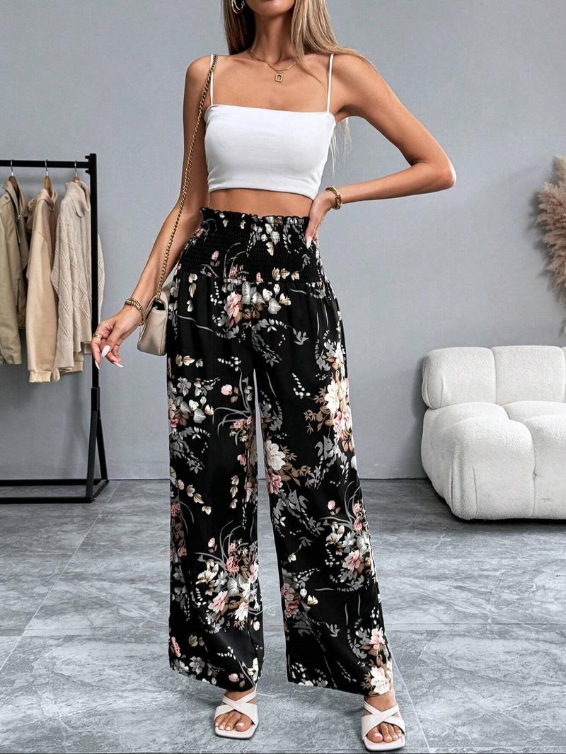 Women's Floral Print Pants, Boho Casual Comfy Loose Wideleg Trousers for Holiday Vacation Daily Wear, Women Bottoms for Summer, Vibrant Pants Women, Loose Legged Pants, Slouchy Palazzo Pants, Flowy Wide Leg