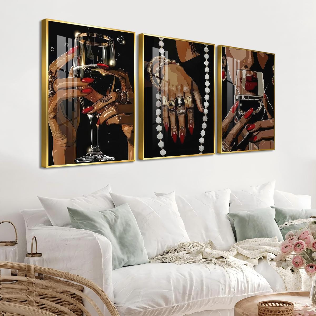 3 Counts Aluminum Alloy Framed Painting, Elegant Woman Hands With Wine Glass And Jewelry Pictures, Home Decoration For Living Room, Bedroom, Office, Restaurant, Hallway Wall Decor, Odorless Print Artwork, Luxury Perfect Gift For Friends And Family