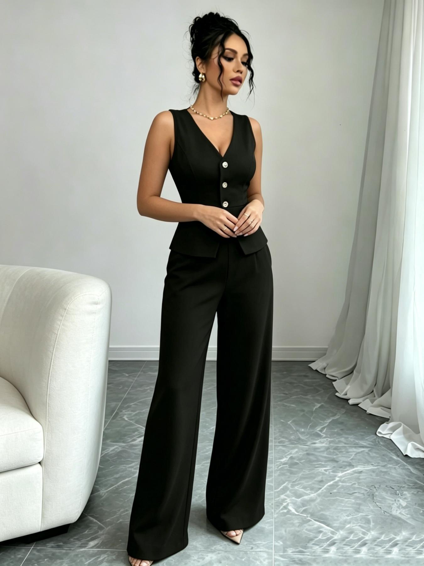 YYT1 A women's Chic Sleeveless Vneck luxury waist cinched Fitted suit vest set, Pants Top Set, same color scheme, suitable commuting, shopping, outdoor activities, Fitted clothing set