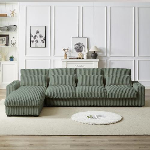 【Clearance Sale】Niccae 126-inch Corduroy L-Shaped Sofa with Cup Holder & USB Port, Movable Footrest, 4 Waist & Back Pillows, Spacious & Comfortable for 3-4 People, Chenille Fabric, Easy Assembly