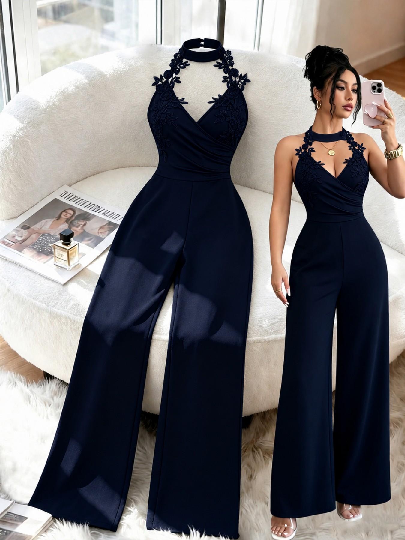 Floral Lace Halter Deep V Cross Back High Waist Bodycon Pants, Sexy & Elegant Design for Dates & Parties, Perfect Fit for Special Occasions