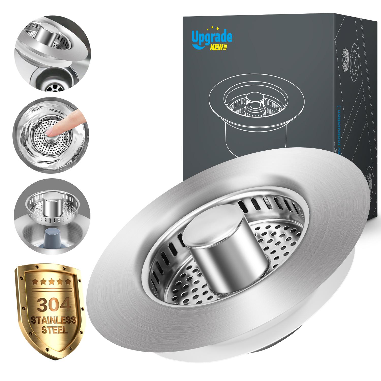 3 in 1 Kitchen Sink Drain Strainer, 304 Stainless Steel Sink Plug with Anti-Clog Basket, Pop Up Sink Stopper for US Standard 3-1/2 Inch Drain