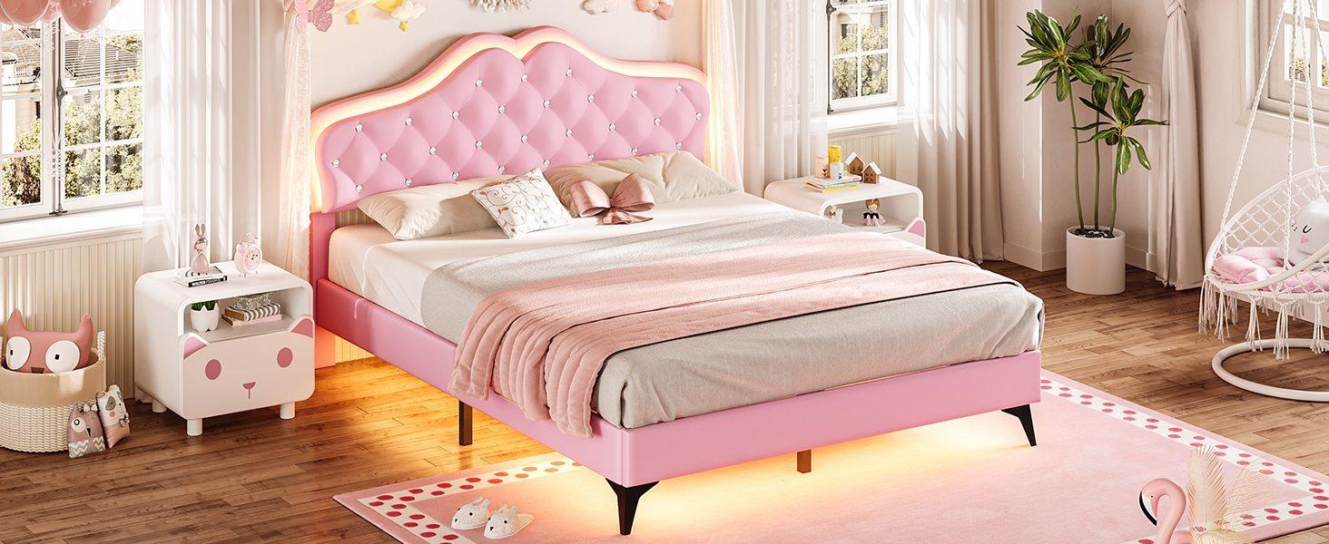 Sikaic Velvet Princess Platform RGB LED Bed Frame with Storage Drawers and Adjustable Crystal Button Headboard Creamy Pink Furniture Nursery Design Cute Interior Bedroom Set Upholstered Modern Cama Sikaic Velvet Princess Platform RGB LED Bed Frame with Storage Drawers and Adjustable Crystal Button Headboard Creamy Pink Furniture Nursery Design Cute Interior Bedroom Set Upholstered Modern Cama