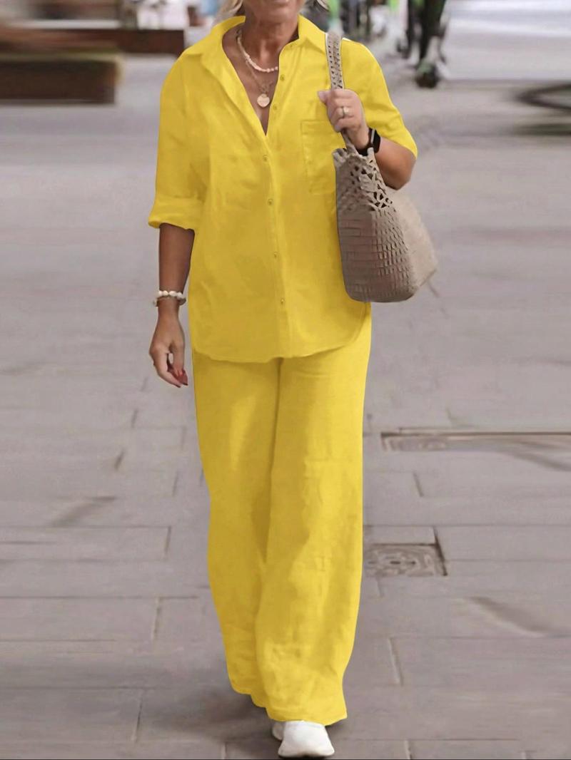 Spring Summer Fall Polo Neck Casual Cardigan Set, Slimming Pure Color Elegant Shirt Top, Vacation Commute Comfort Soft Fabric Pants Two-Piece Suit