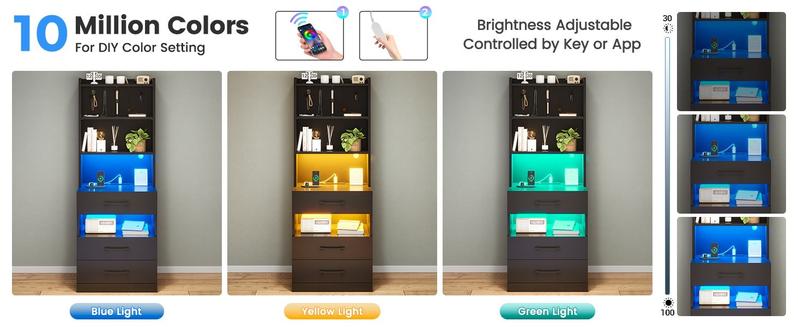 Sikaic  LED Tall Nightstand with Charging Station 3 Drawers And Bookshelf Adjustable Dressing Table Makeup Dressing Desk