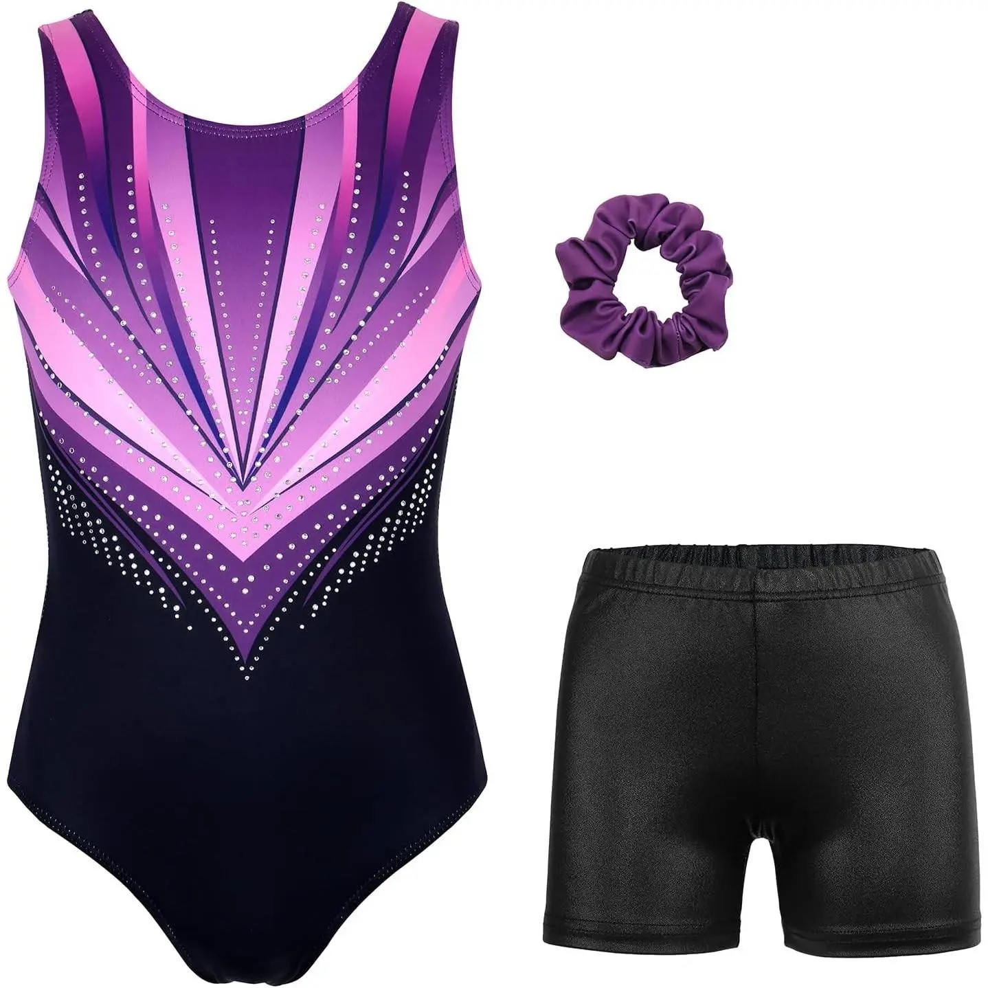 Girls' Gymnastics Leotard Set with Shorts, Back Bow, Stretchy Breathable Fabric, Sparkle Accents, Diamond Print & Hair Tie, Machine Washable, for Ballet/Tumble, Ages 4-13Y