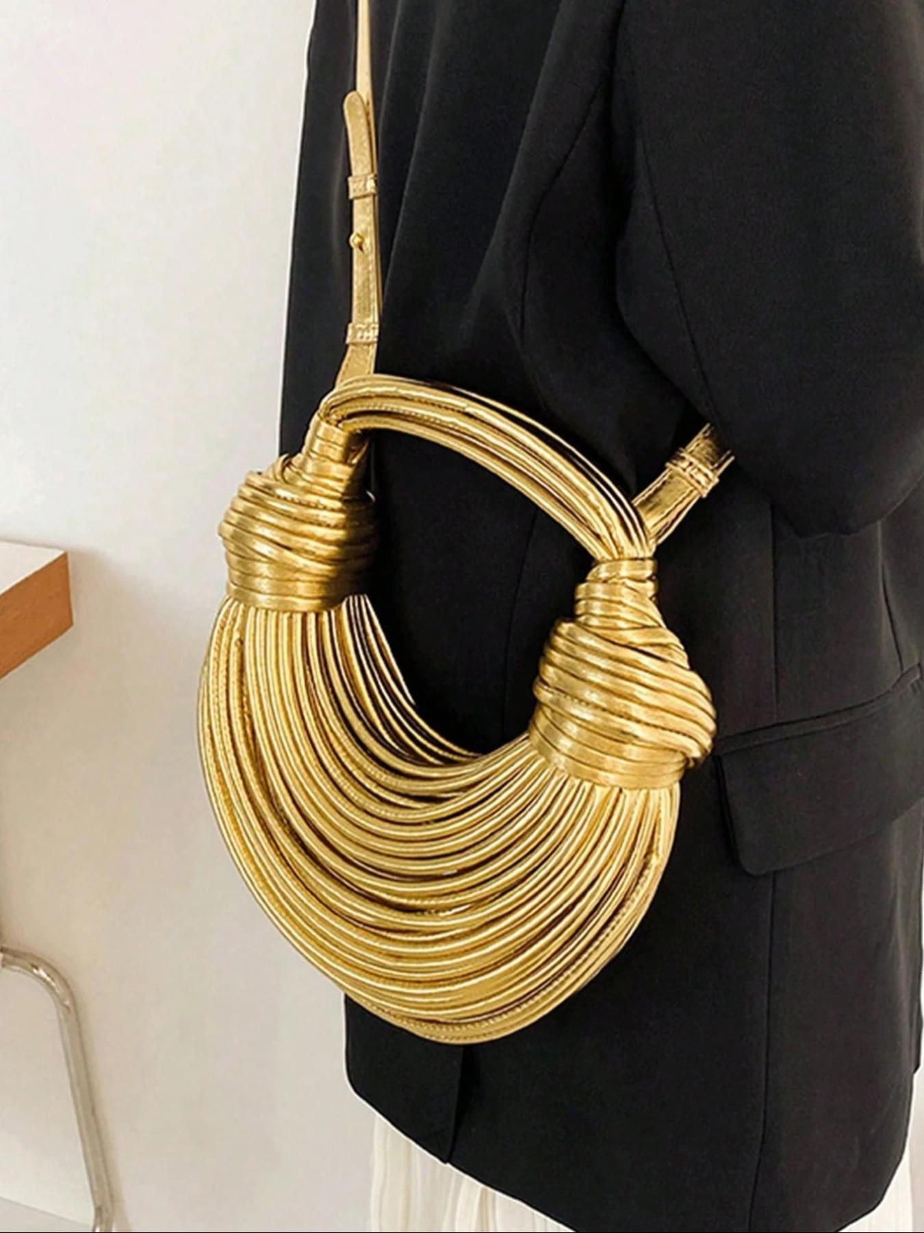 Fashion Gold Handmade Woven Bag Decoration Design Retro Heavy Shoulder Bag, Rope Knotted Pulled Noodle Bag, Ladies' Purse, Hobo Purse, Suitable For Shopping, Commuting To Work, Party Gathering.
