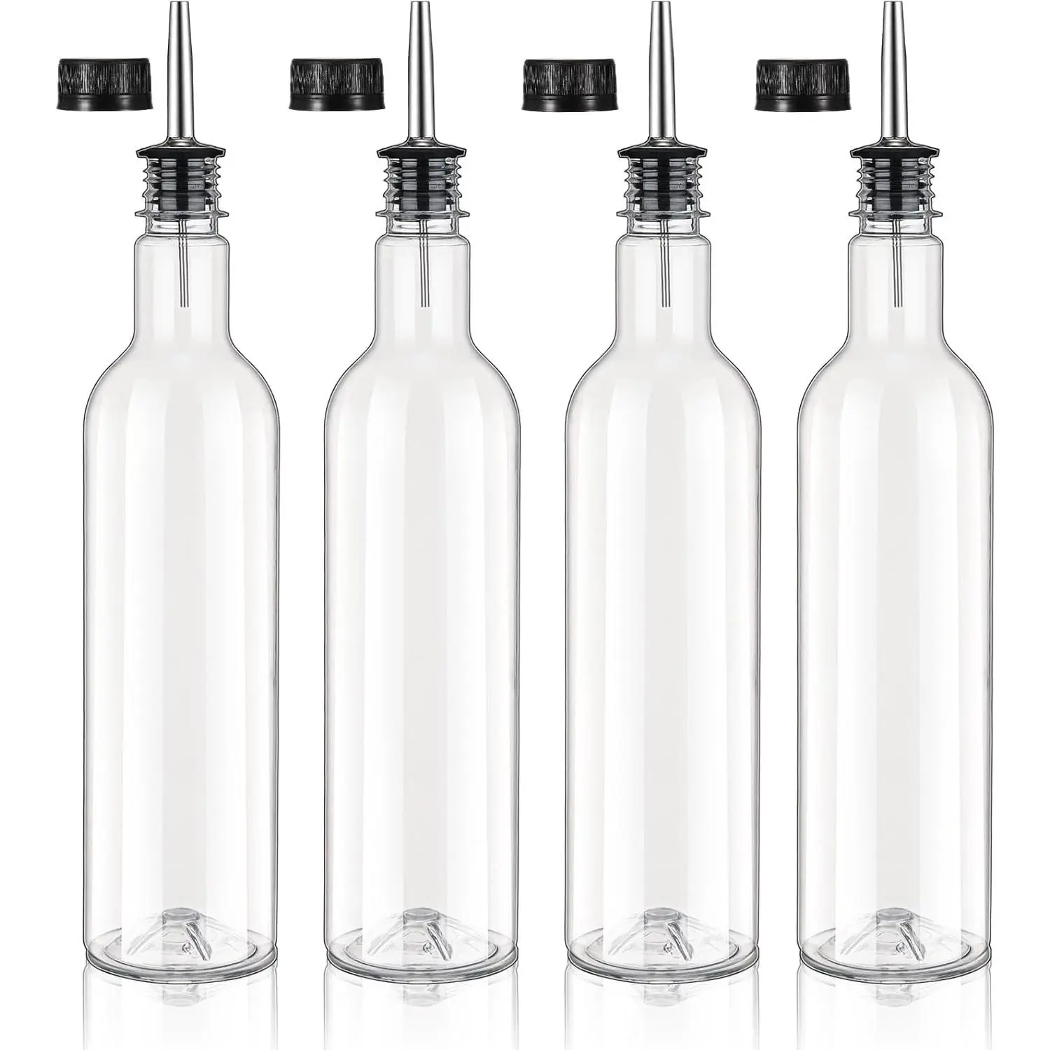4 Pack 25 oz Syrup Bottle Plastic Long Neck Bottle with Stainless Steel Leakproof Tapered Spout Pourer and Cap Alcohol Juice Coffee Container for Home Bar Service Bartending Supplies