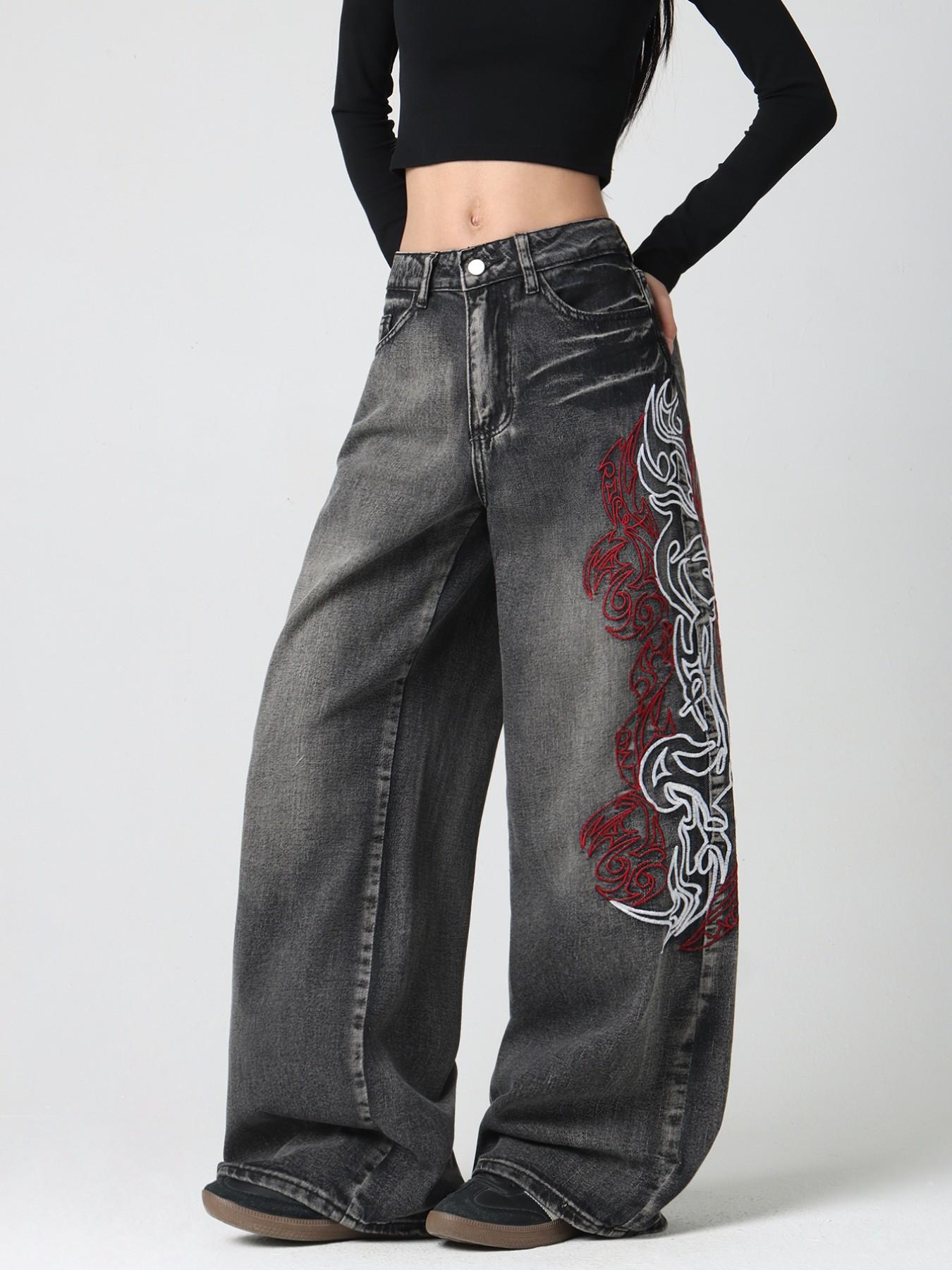 Women's Totem Embroidered Jeans, American Street Style, Comfortable Loose Fit, Trendy Wide Leg Pants, Fashionable All-Season, Casual Comfy Denim, Embroidered Denim Pants, Denim Clothing