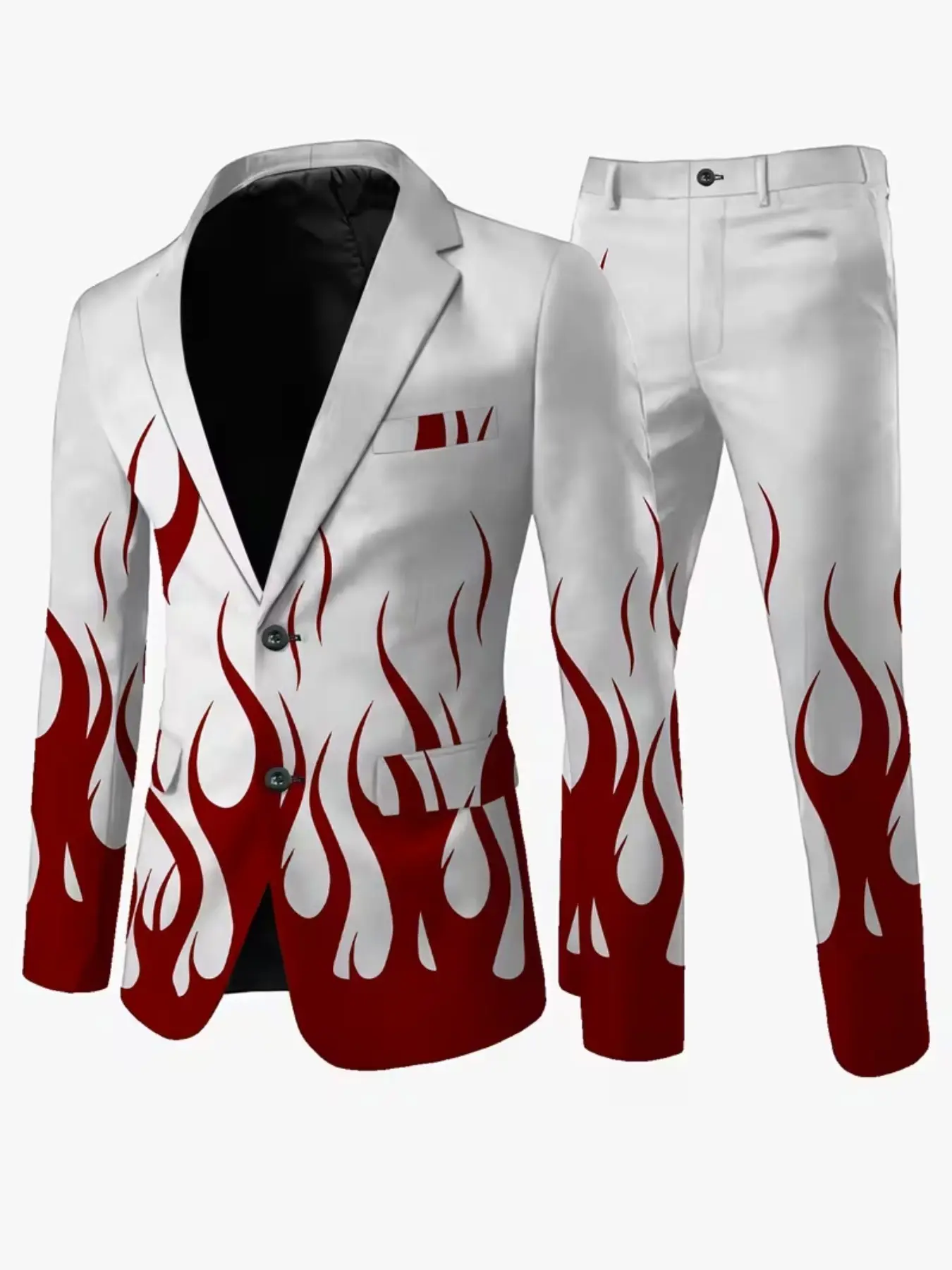 Plus-size men's suit set with white base and red flame print, trendy slim-fit two-piece men's suit