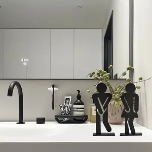 2-Piece Fun Wooden Standing Bathroom Sign Set, Laser Cut Unisex Decor, Boy and Girl Bathroom Signs, No Power Required