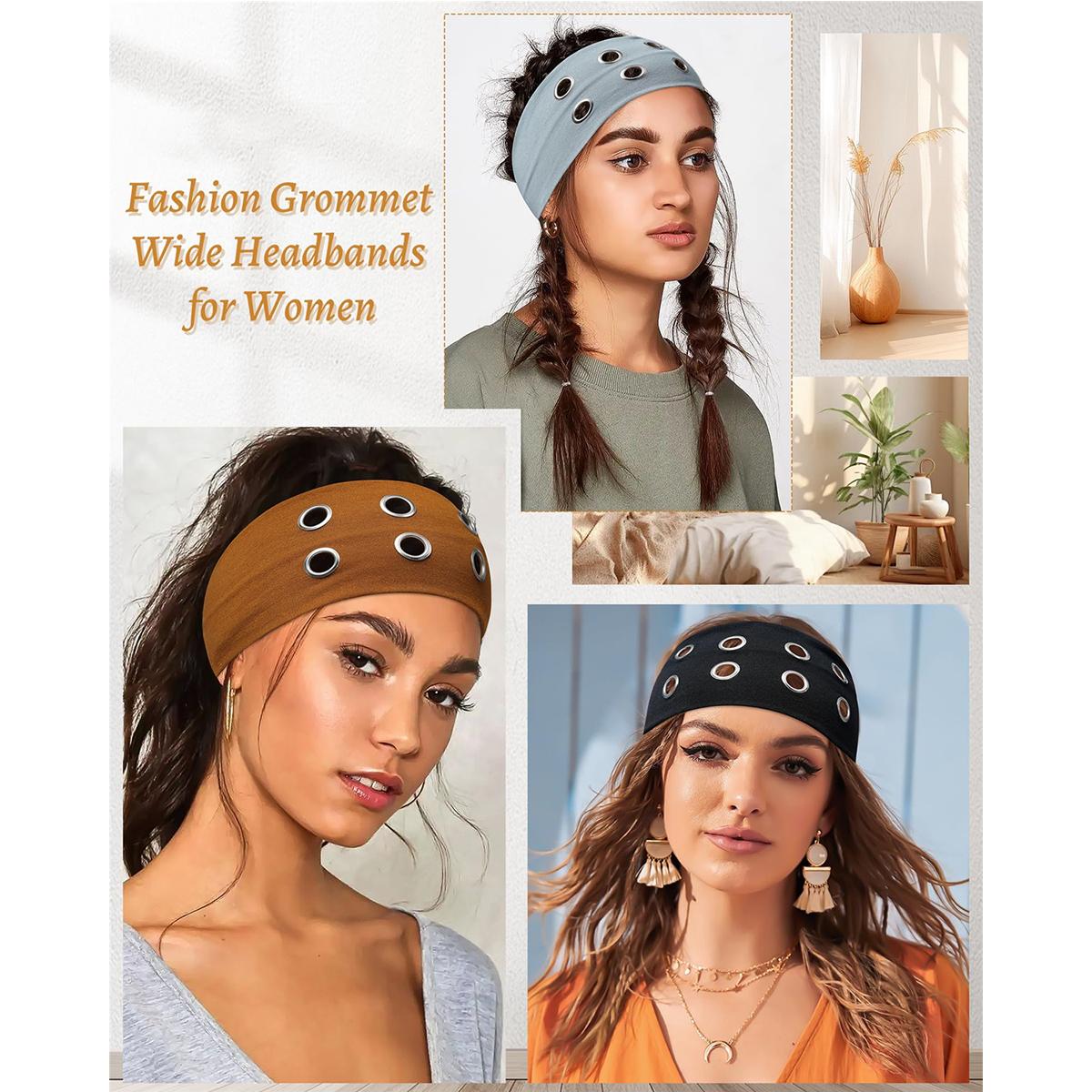 AWAYTR Fashion Grommet Wide Headbands for Women Hollow Out Elastic Head Bands Y2k Girls Punk Grunge Stretchy Hair band Hair Accessories