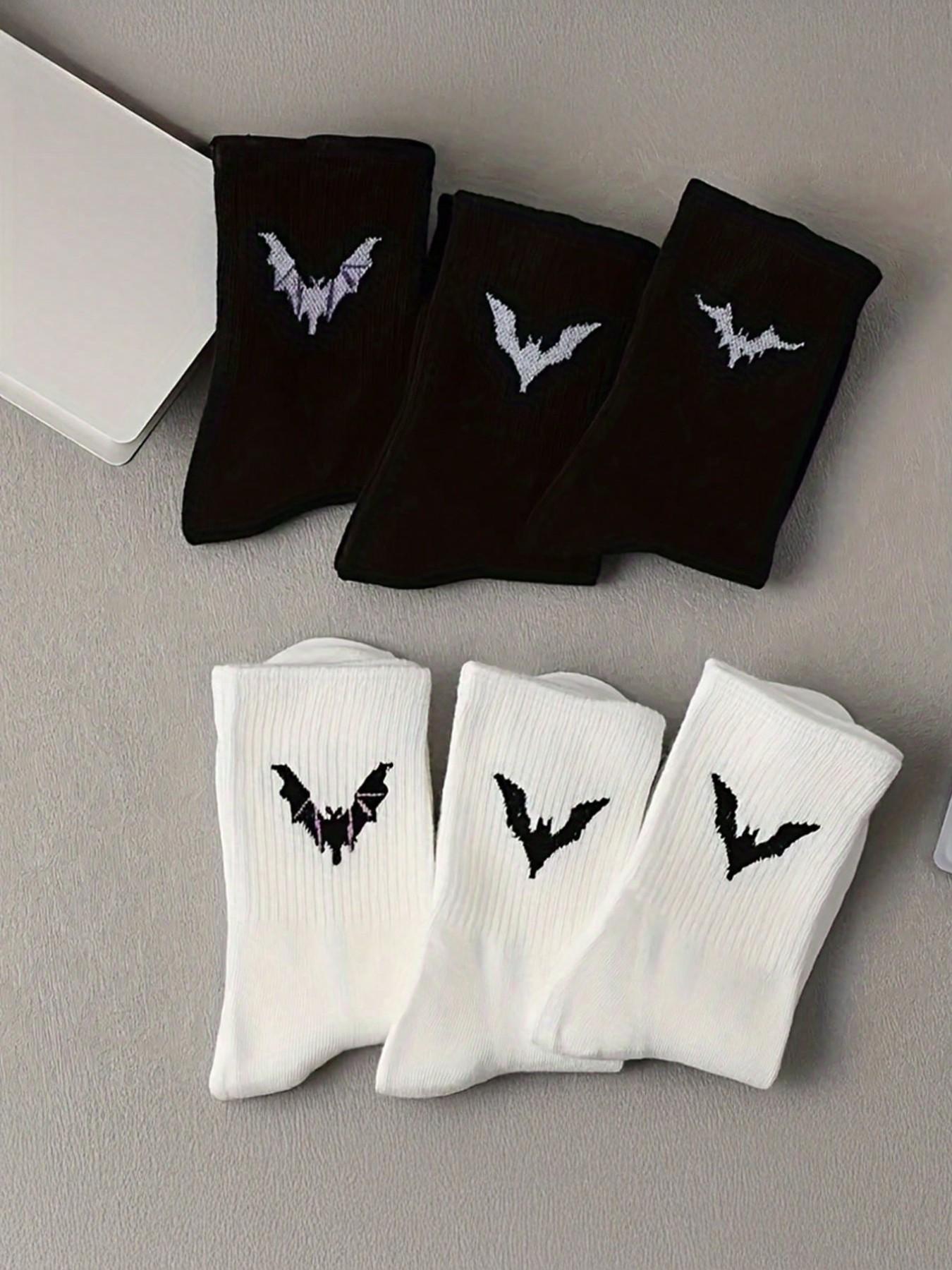 6 Pairs Men's Mid-Calf Socks, Bat Logo, Breathable, Anti-Odor, Sweat-Wicking, Casual Daily Wear, Student & Office Use