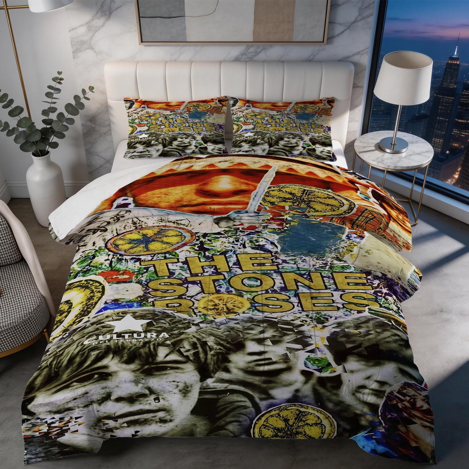 2/3 Piece The Stone Roses Comforter Set, 1 Comforter + 1/2 Pillowcases, Britpop Indie Rock Band Bedding, Retro Music Themed Bedroom Decor for Music Lovers, Ideal Fan Gift