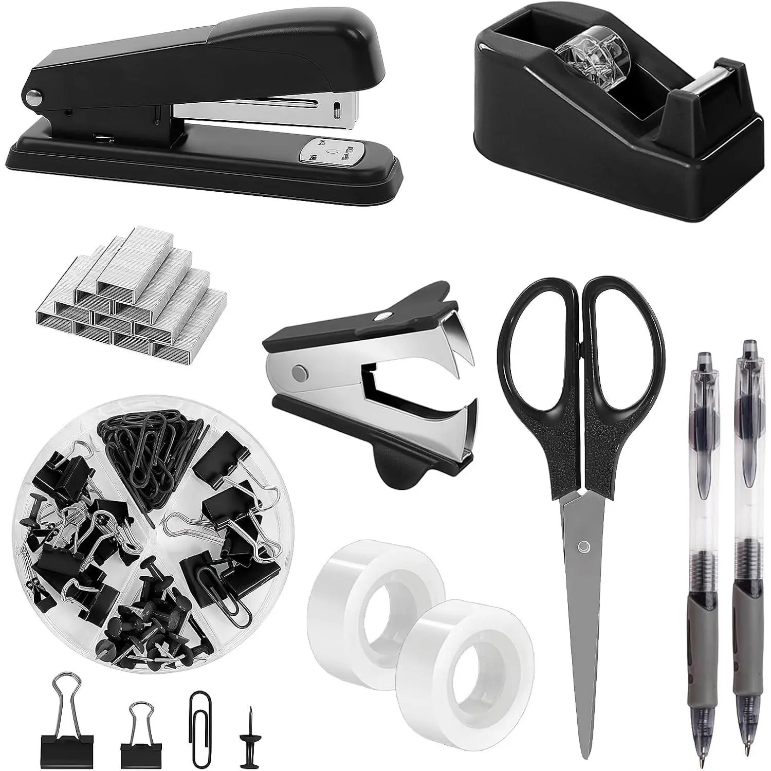Black Office Supplies Set, Black Desk Accessories, Stapler, Tape Dispenser, Scissors, Binder/Paper Clips and 1000pcs Staples, Desk Supplies Set