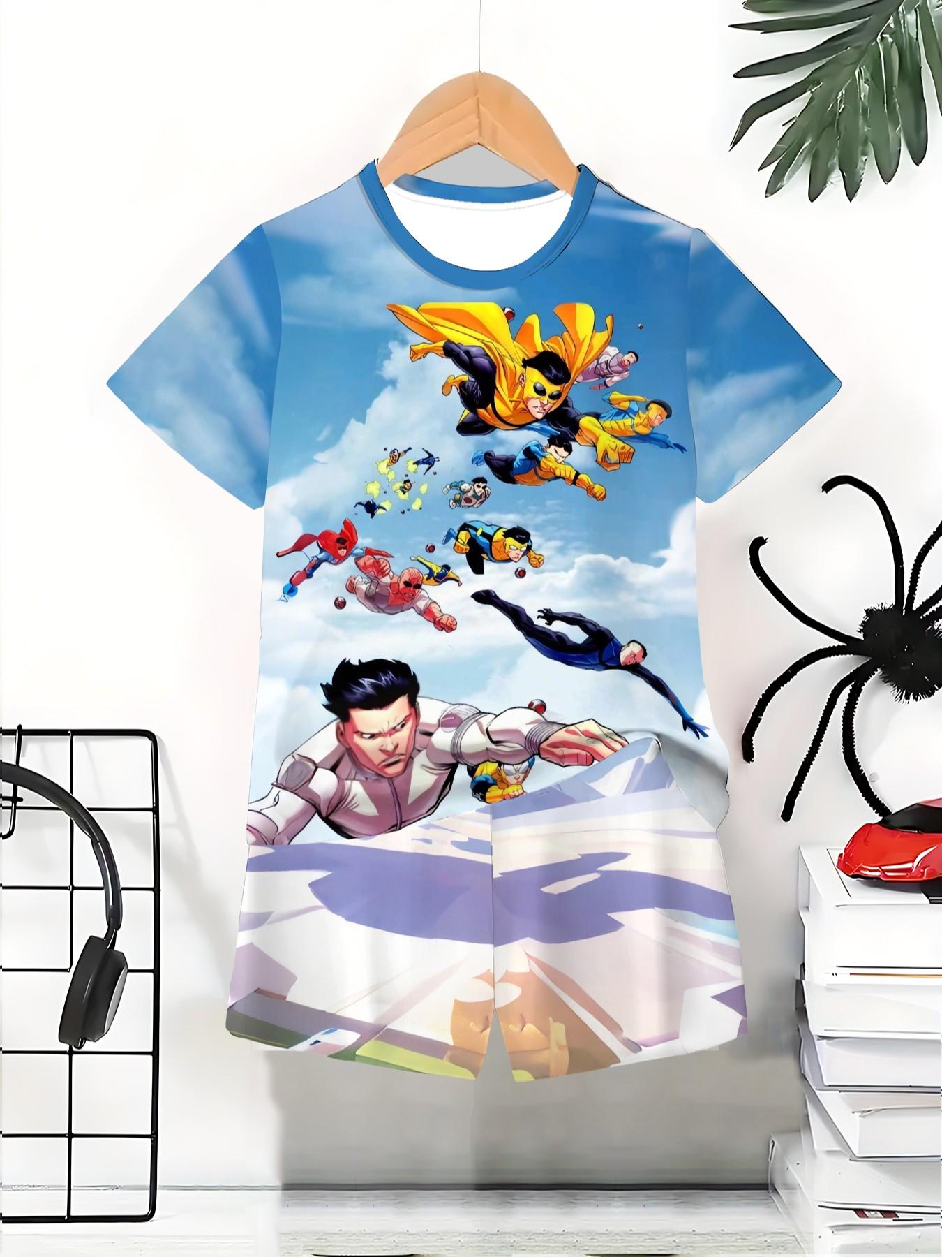 Boys' Superhero Costume Set, Casual Fitted Shorts Suit, All over Print, Perfect for Outdoor Activities, Birthday & Holiday Gifts