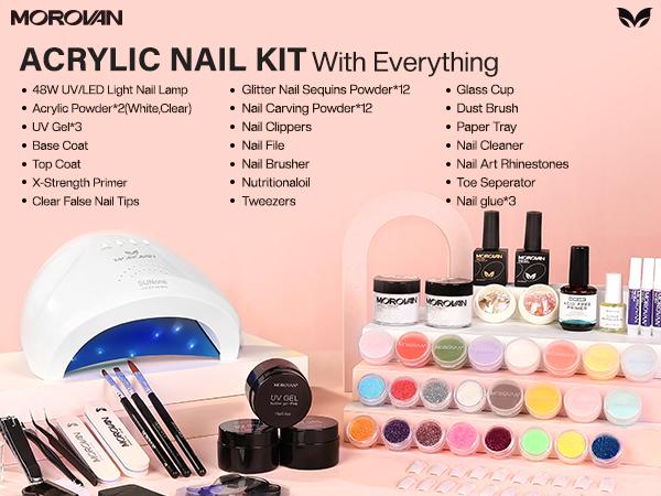 MOROVAN Acrylic Nail Kit with Everything: Professional Nails Kit Acrylic Set with U V Lamp Acrylic Nail Set with Glitter Acrylic Powder Complete Starter Kit for Acrylic Nails Beginner Kit