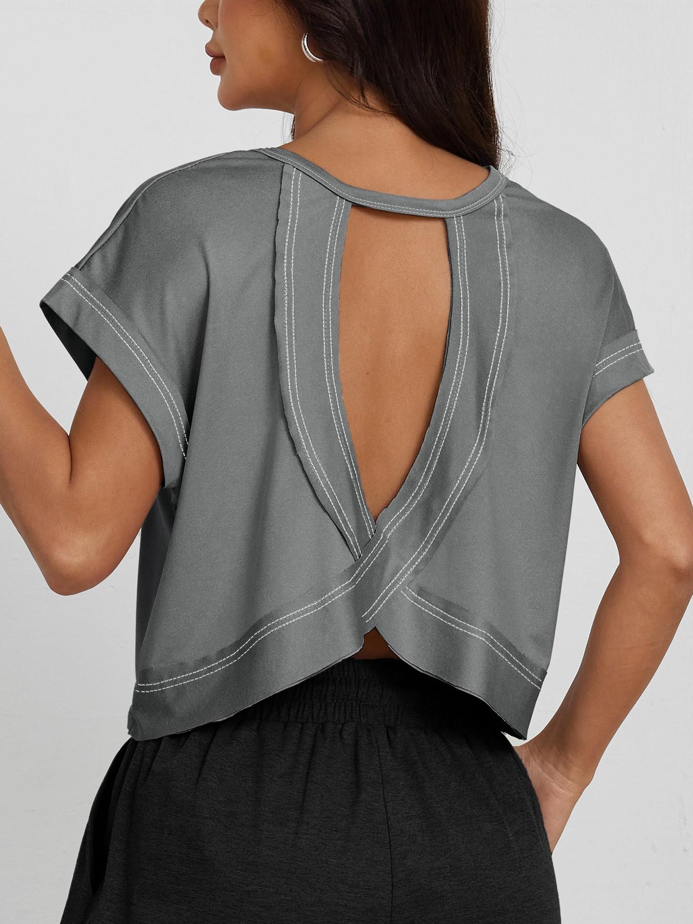 Women's Spring Summer Back Cutout Criss Cross Design Elastic Drop Shoulder Top, Hollow Back Activewear Casual Short Sleeve Fitted Tee for Gym Outdoor Running