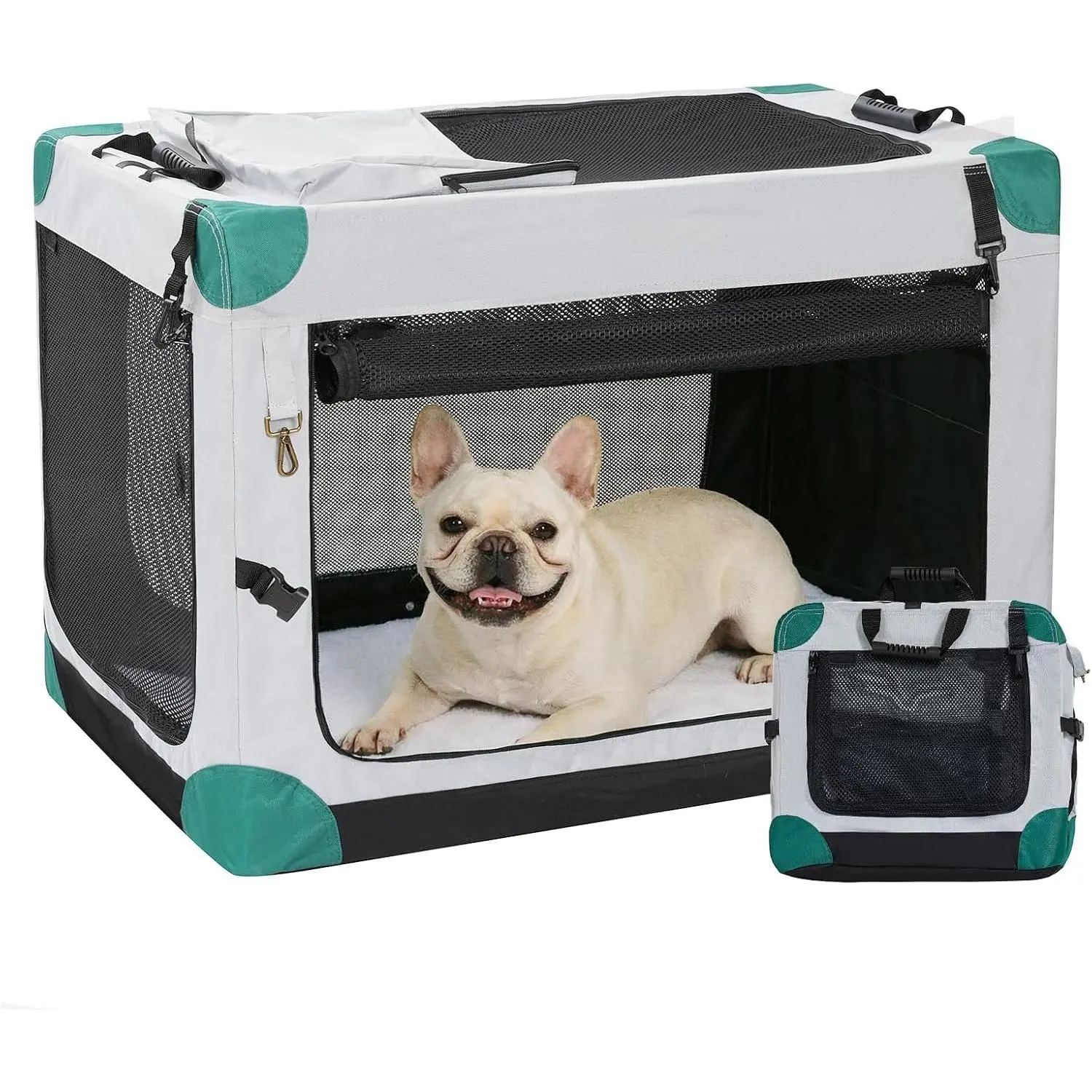 Soft Collapsible  Crate - 26 Inch Portable Travel  Crate for Puppy/Small Dogs Indoor & Outdoor, 3-Door  Crate with Durable Mesh Windows & Storage Bag, Grey