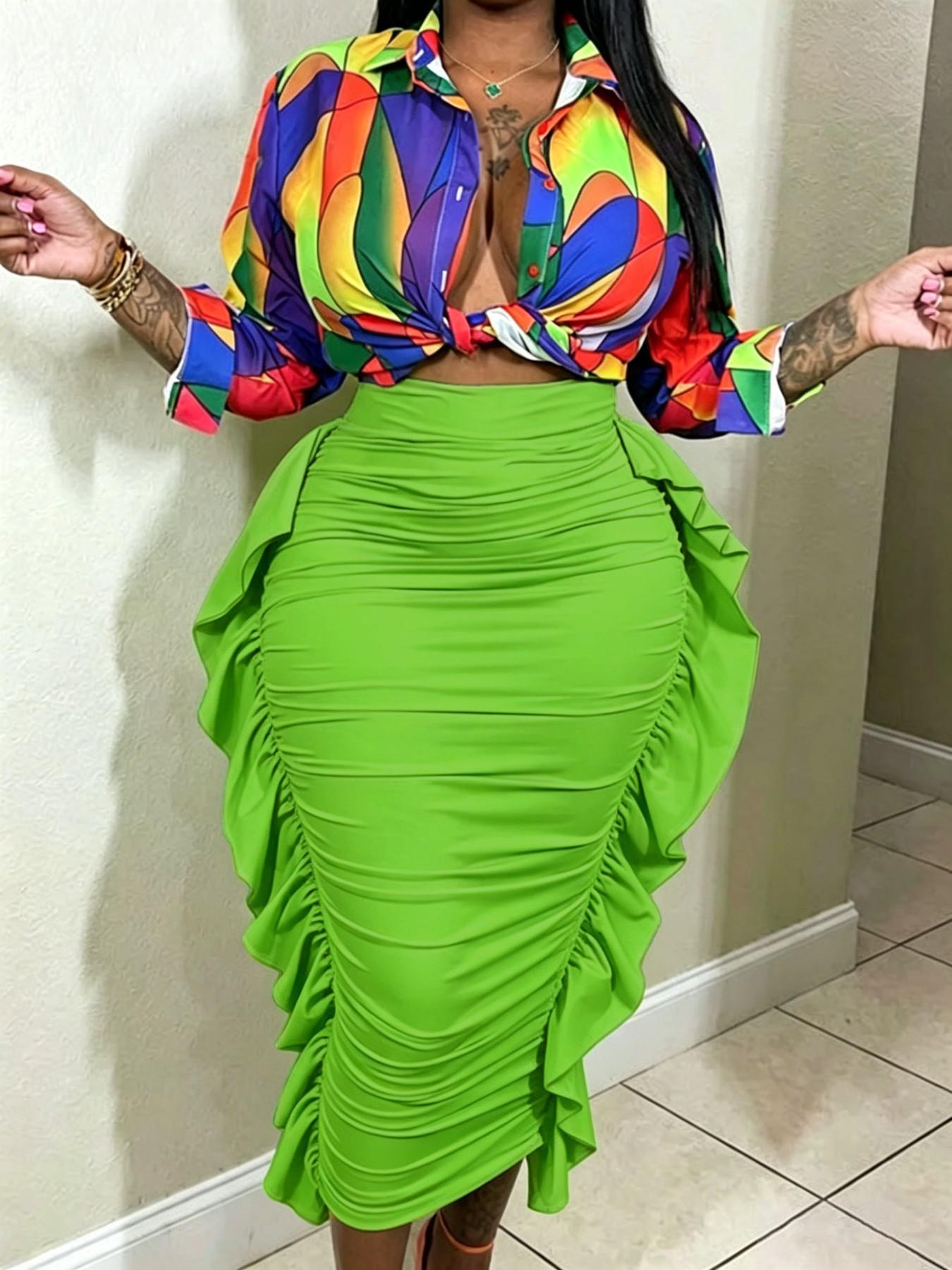 Spring Autumn Women's Solid High Waist Ruffle Bodycon Fit Midi Skirt, Casual Daily Wear, Vacation Style, Chic, Elegant and Comfortable