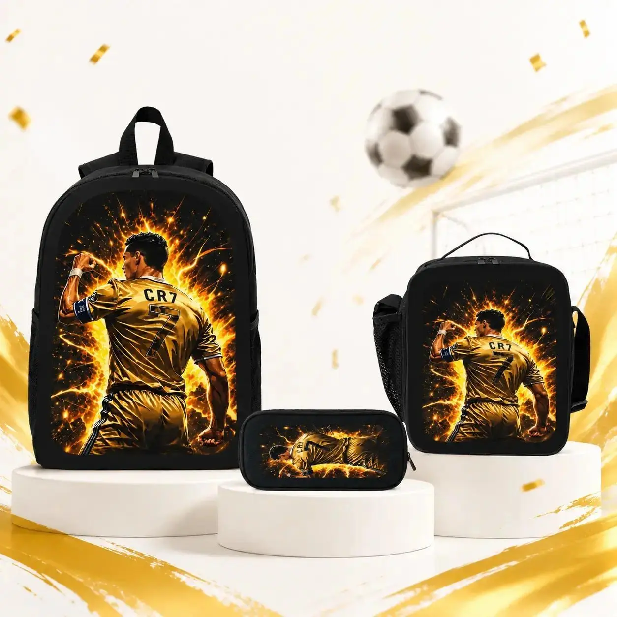3-Piece Coordinated Bag Set with CR7 Graphic, Unisex Casual 17in Soccer Backpack, Shoulder Bag & Pencil Case for School Sports