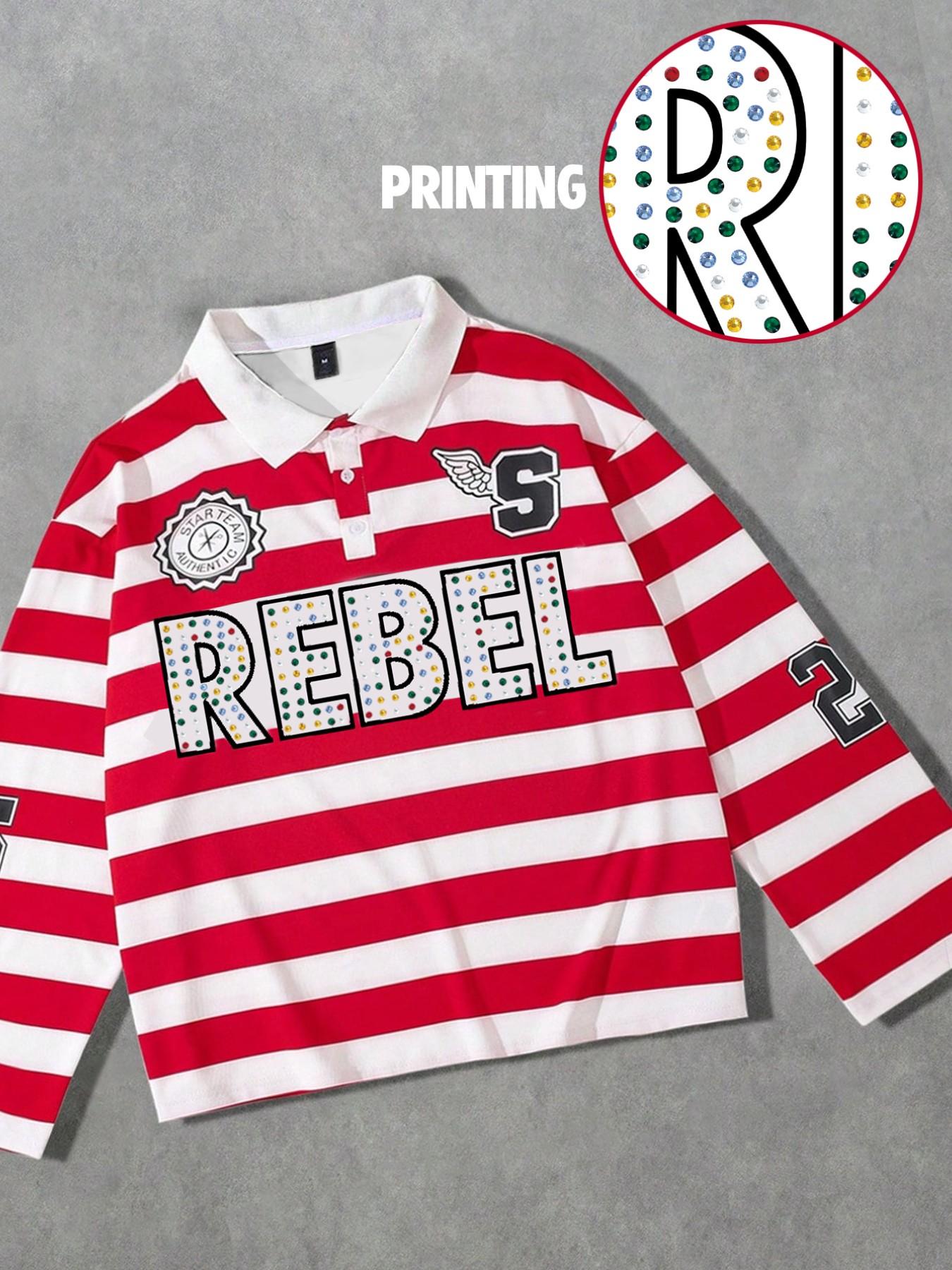 REBEL printed red and white striped polo long sleeved men's T-shirt, striped polo collar long sleeved shirt, European and American street life unisex long T-shirt ins style