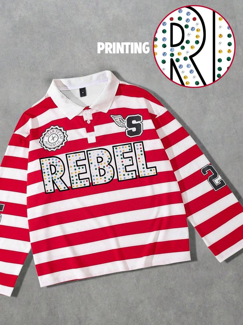 REBEL printed red and white striped polo long sleeved men's T-shirt, striped polo collar long sleeved shirt, European and American street life unisex long T-shirt ins style