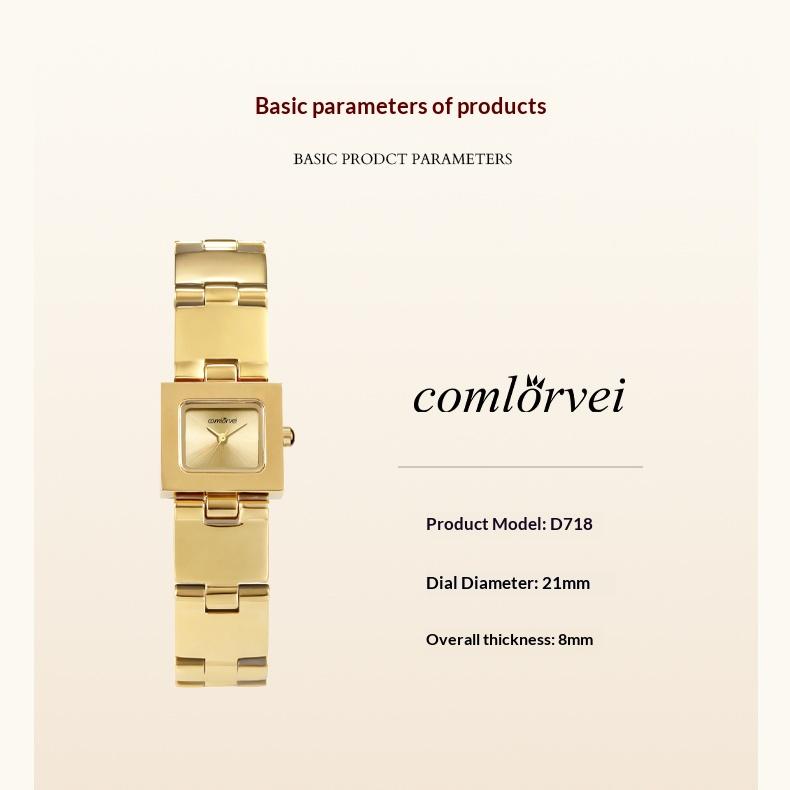 Ladies' luxurious square watch, designed with gold and silver colored stainless steel, with 30-meter water resistance. This fashionable and elegant timepiece is an exquisite gift for her.