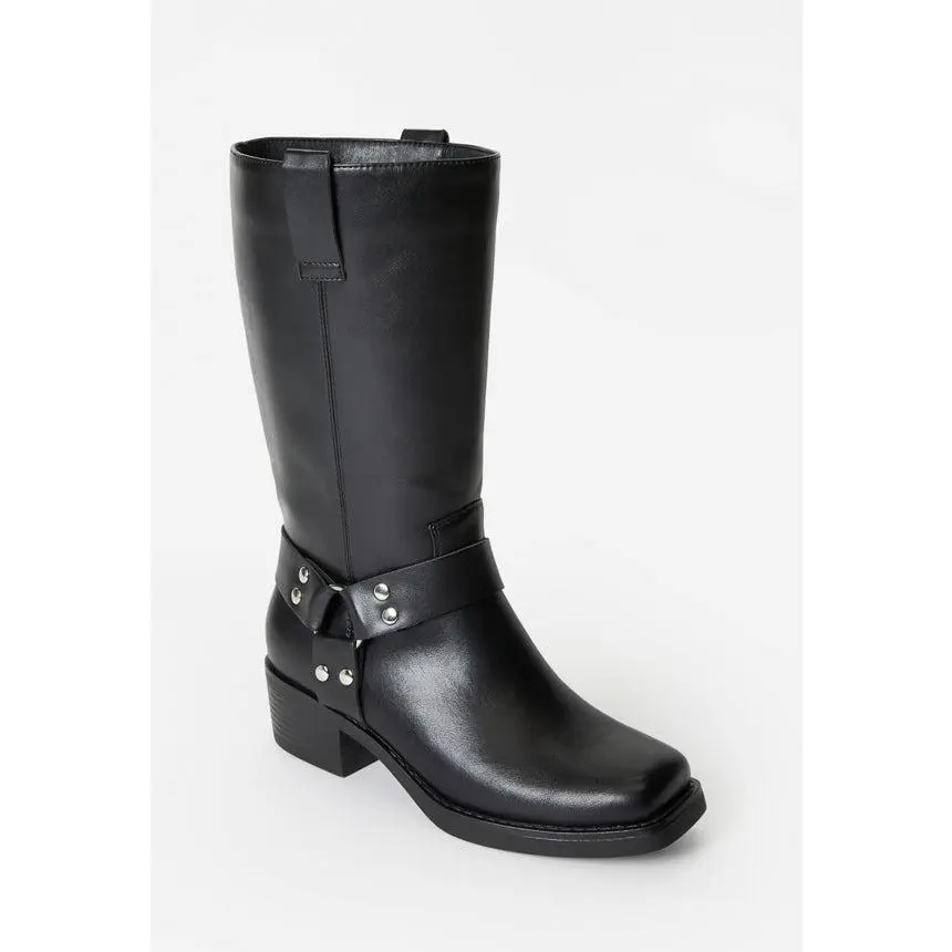 JUST FAB Women's Mid-Calf Moto Boots Square Toe Harness Rivet Biker Boots Side Zipper Low Block Heel Eco Leather