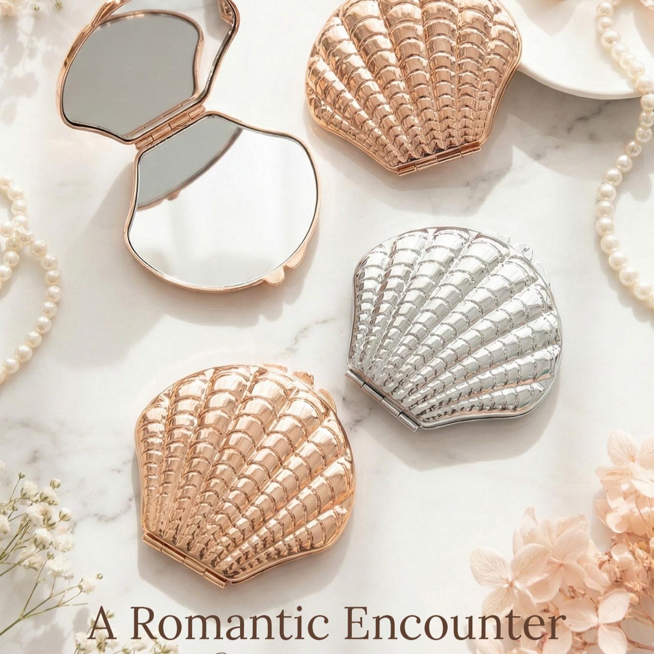 Shell Shape Dual-Sided Makeup Mirror, Silver Color Options, Portable Anti-Shock, Perfect Gift for Women, Ideal for Holidays